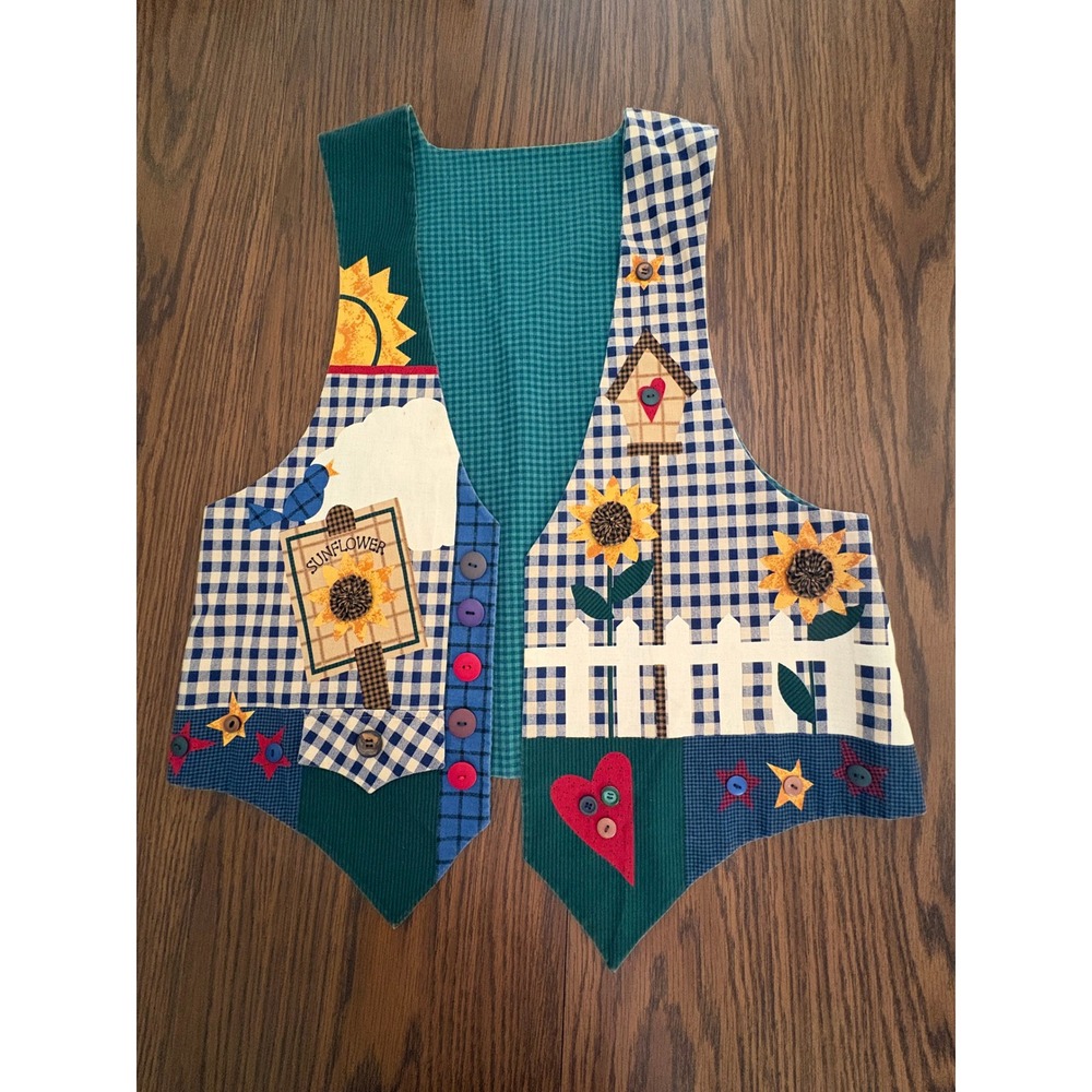 Handmade Women Patchwork Vest Folk Art Sunflower Gingham Blue White Larg 90s EUC